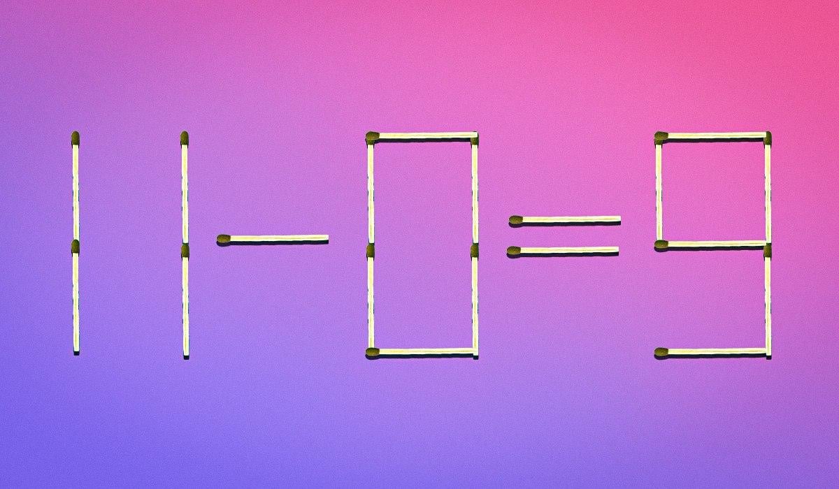 För att ekvationen ska bli korrekt måste vi ta den övre vänstra tändstickan från siffran 9 och fästa den i mitten av siffran 0. Detta kommer att göra siffran 9 till 3 och siffran 0 till 8. Således får vi den korrekta ekvationen: 11 - 8 = 3.collage Moje För att ekvationen ska bli korrekt måste du ta den övre vänstra tändstickan från siffran 9 och fästa den mitt på siffran 0. Detta gör att siffran 9 blir 3 och siffran 0 blir 8. Därmed får vi den korrekta ekvationen: 11 - 8 = 3.Moje collage